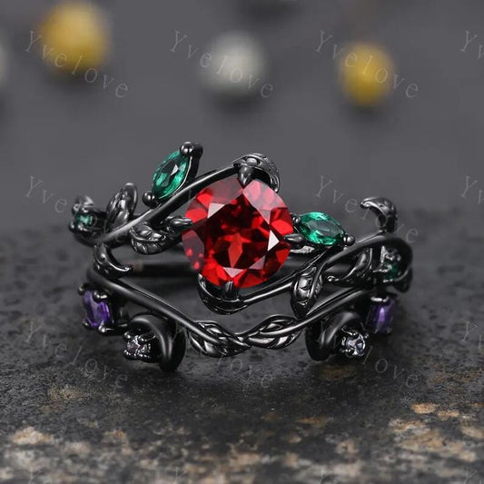 Vintage Round Red Garnet Engagement Ring Set,Black Gold Ring,Cluster Leaf Vine Emerald Wedding Ring,Women Bridal Ring,Art Deco Promise Gift