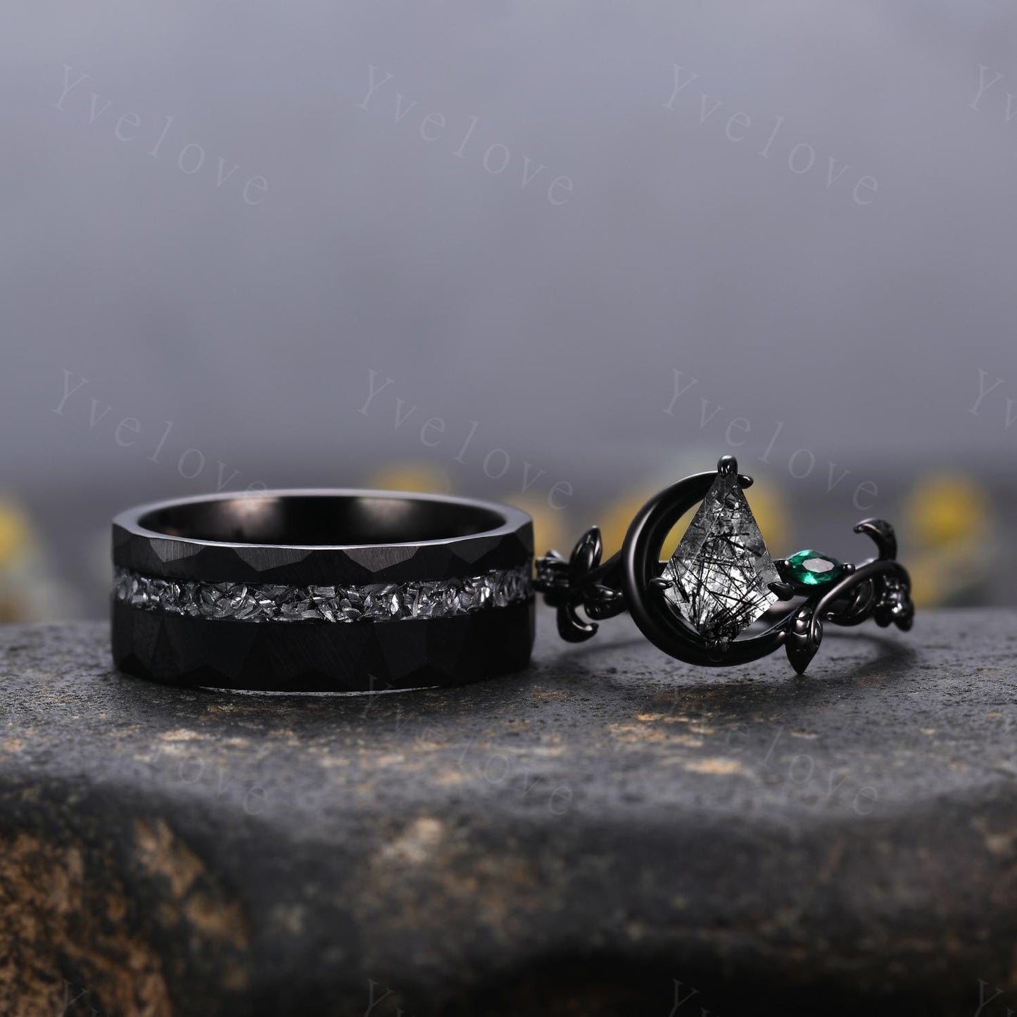 Unique Kite Cut Black Rutilated Quartz Couple Ring Set Gothic Black Rings His and Hers Wedding Band Mens Tungsten Ring Couples Promise Ring