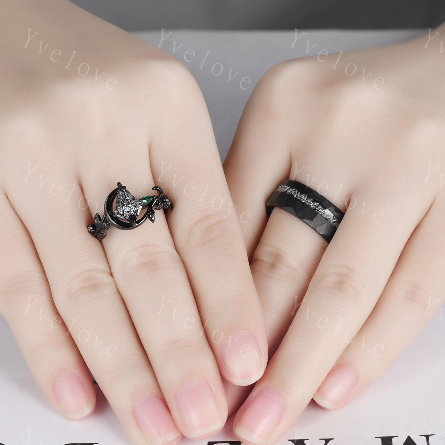 Unique Kite Cut Black Rutilated Quartz Couple Ring Set Gothic Black Rings His and Hers Wedding Band Mens Tungsten Ring Couples Promise Ring