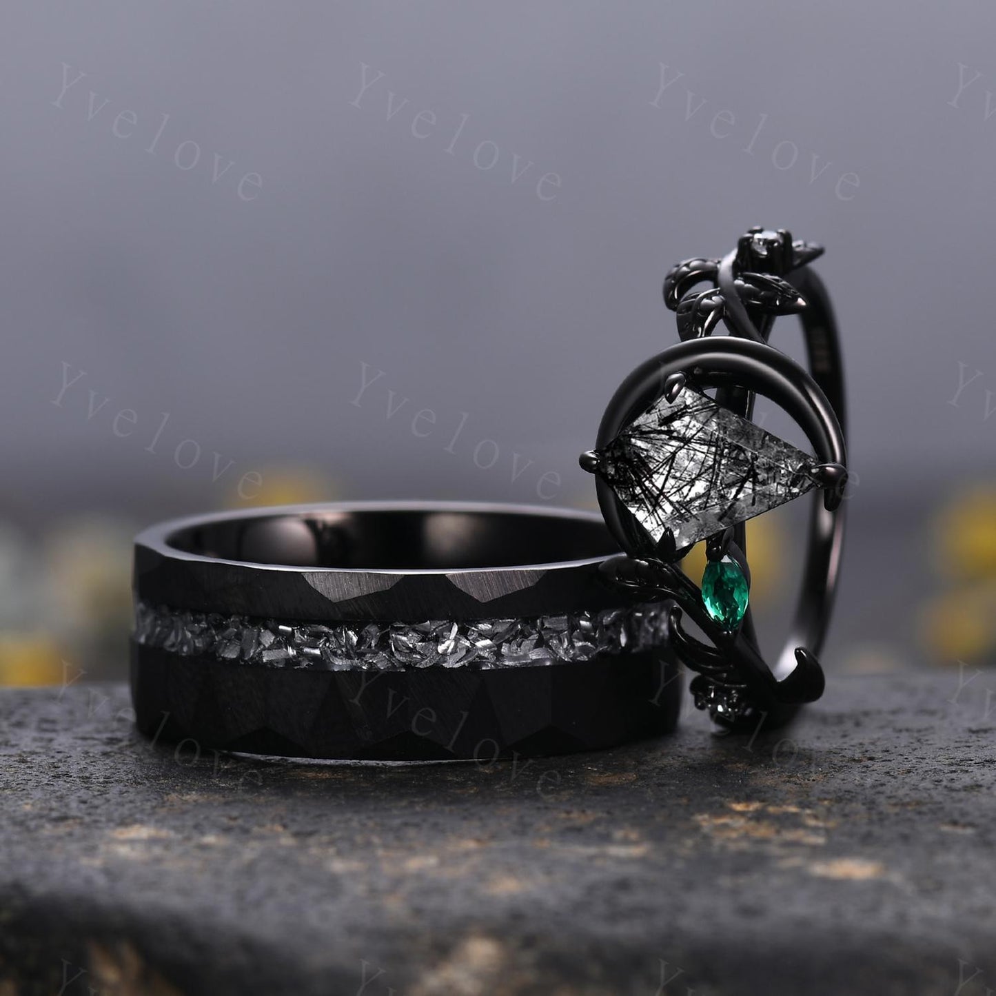 Unique Kite Cut Black Rutilated Quartz Couple Ring Set Gothic Black Rings His and Hers Wedding Band Mens Tungsten Ring Couples Promise Ring