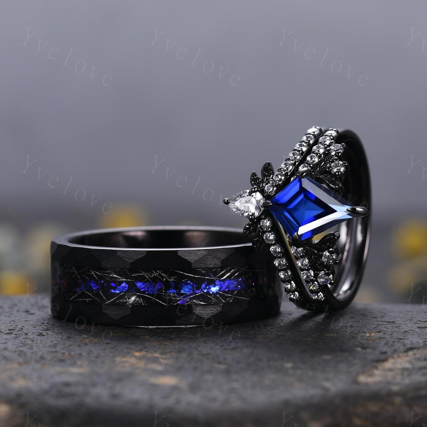 Blue Sapphire Outer Space Couples Ring Set,Orion Nebula Ring,His and Hers Wedding Band,Tungsten Black Gold Silver Anniversary Promise Ring