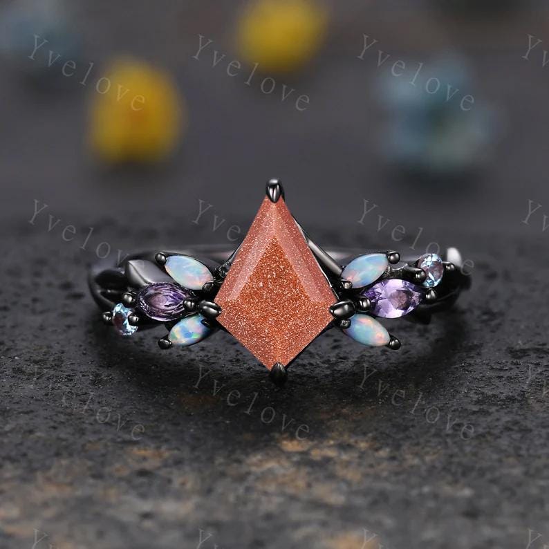 Vintage Kite Golden Sandstone Engagement Ring Set,Black Gold,Vines Amethyst Opal Ring,Women Bridal Set,Unique Twig Anniversary Promise Ring