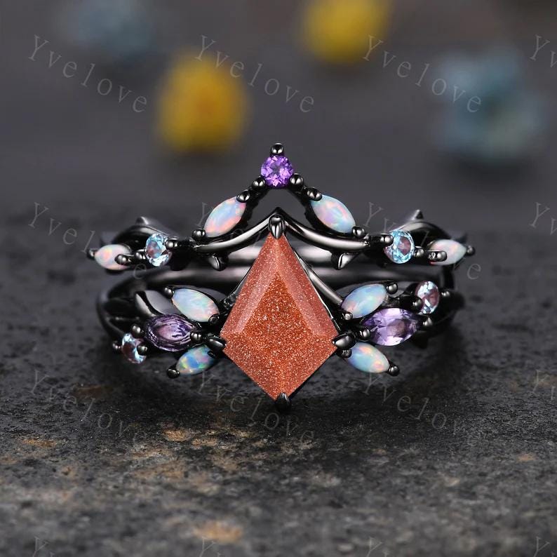 Vintage Kite Golden Sandstone Engagement Ring Set,Black Gold,Vines Amethyst Opal Ring,Women Bridal Set,Unique Twig Anniversary Promise Ring