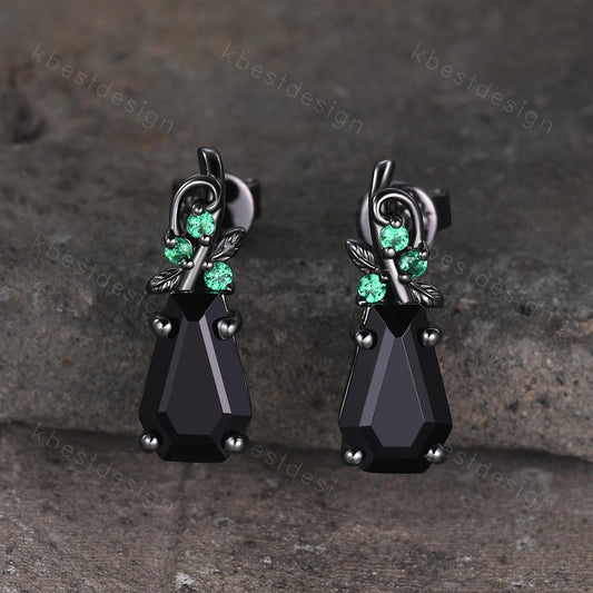 Nature inspired black onyx earrings women black gold earring studs coffin cut earrings art deco twig studs anniversary gift for her