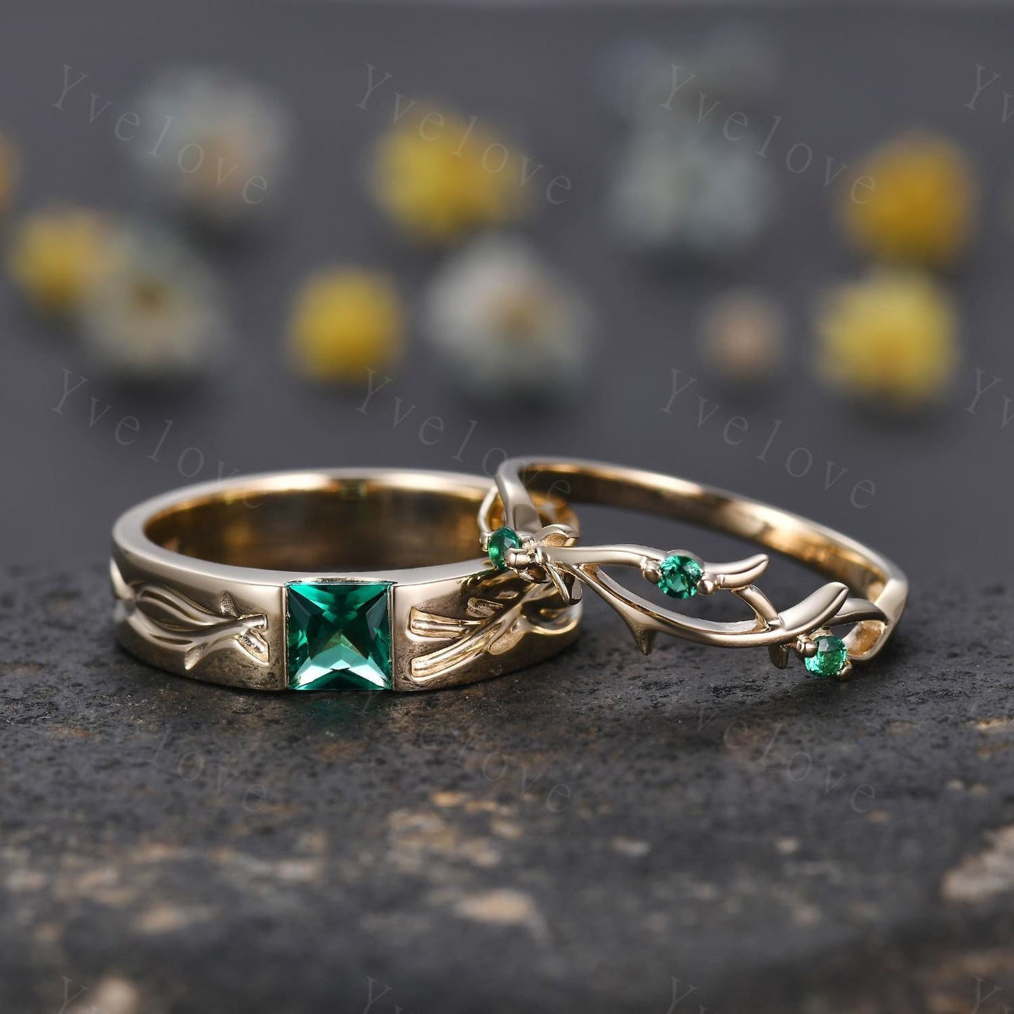 Couples ring set Green Emerald ring twig ring for men and women His and Hers wedding band Promise Stacking Matching Band Retro Vintage Gift