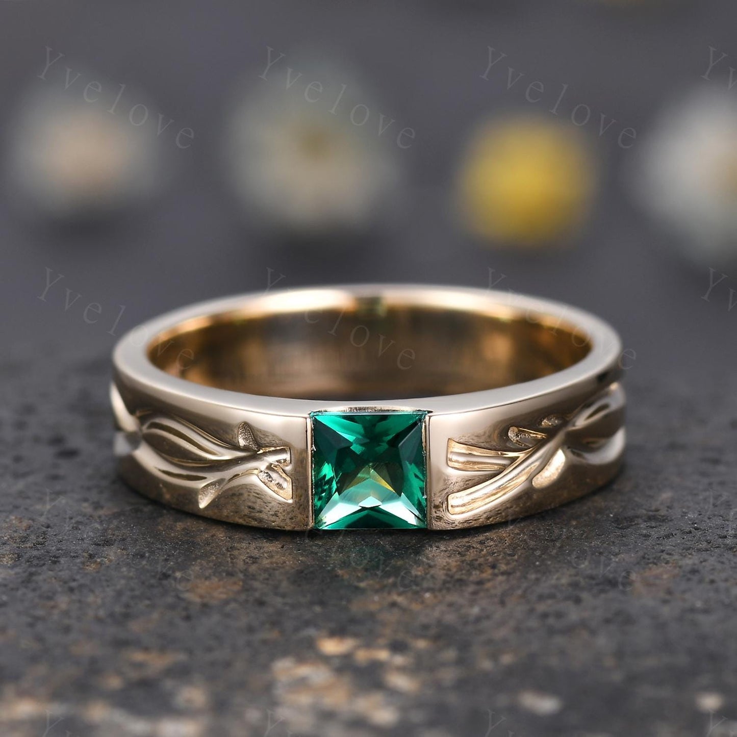 Couples ring set Green Emerald ring twig ring for men and women His and Hers wedding band Promise Stacking Matching Band Retro Vintage Gift