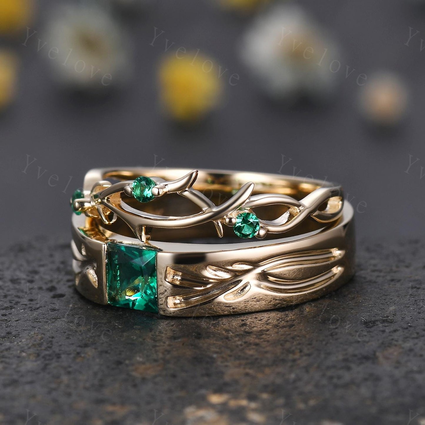 Couples ring set Green Emerald ring twig ring for men and women His and Hers wedding band Promise Stacking Matching Band Retro Vintage Gift