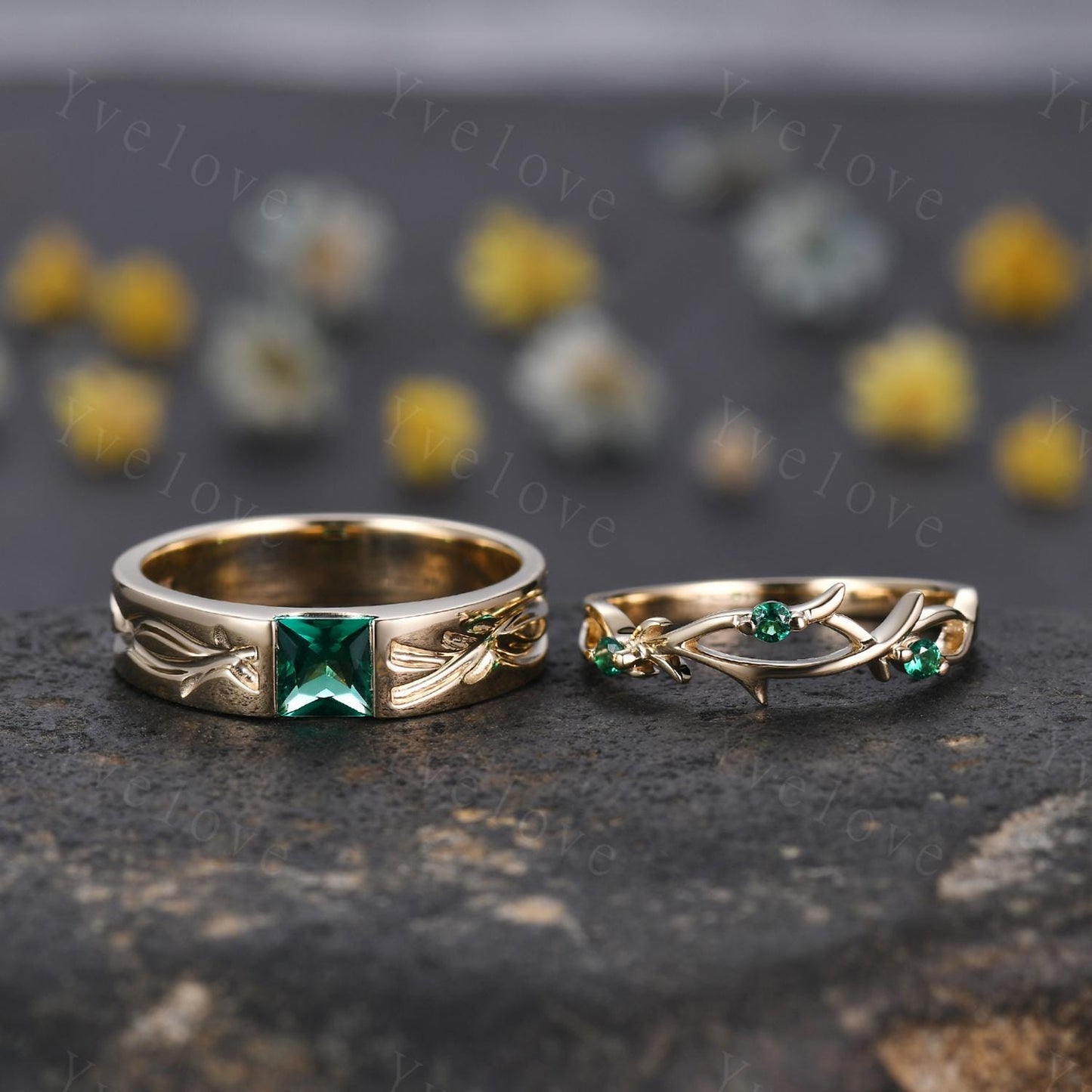 Couples ring set Green Emerald ring twig ring for men and women His and Hers wedding band Promise Stacking Matching Band Retro Vintage Gift