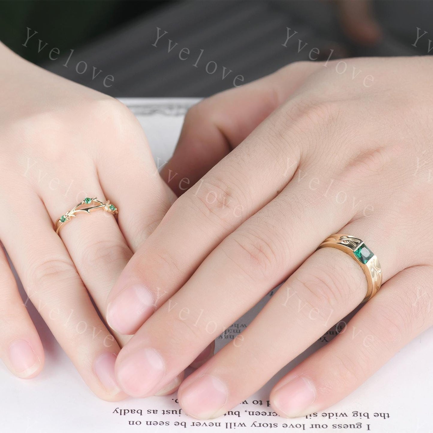 Couples ring set Green Emerald ring twig ring for men and women His and Hers wedding band Promise Stacking Matching Band Retro Vintage Gift