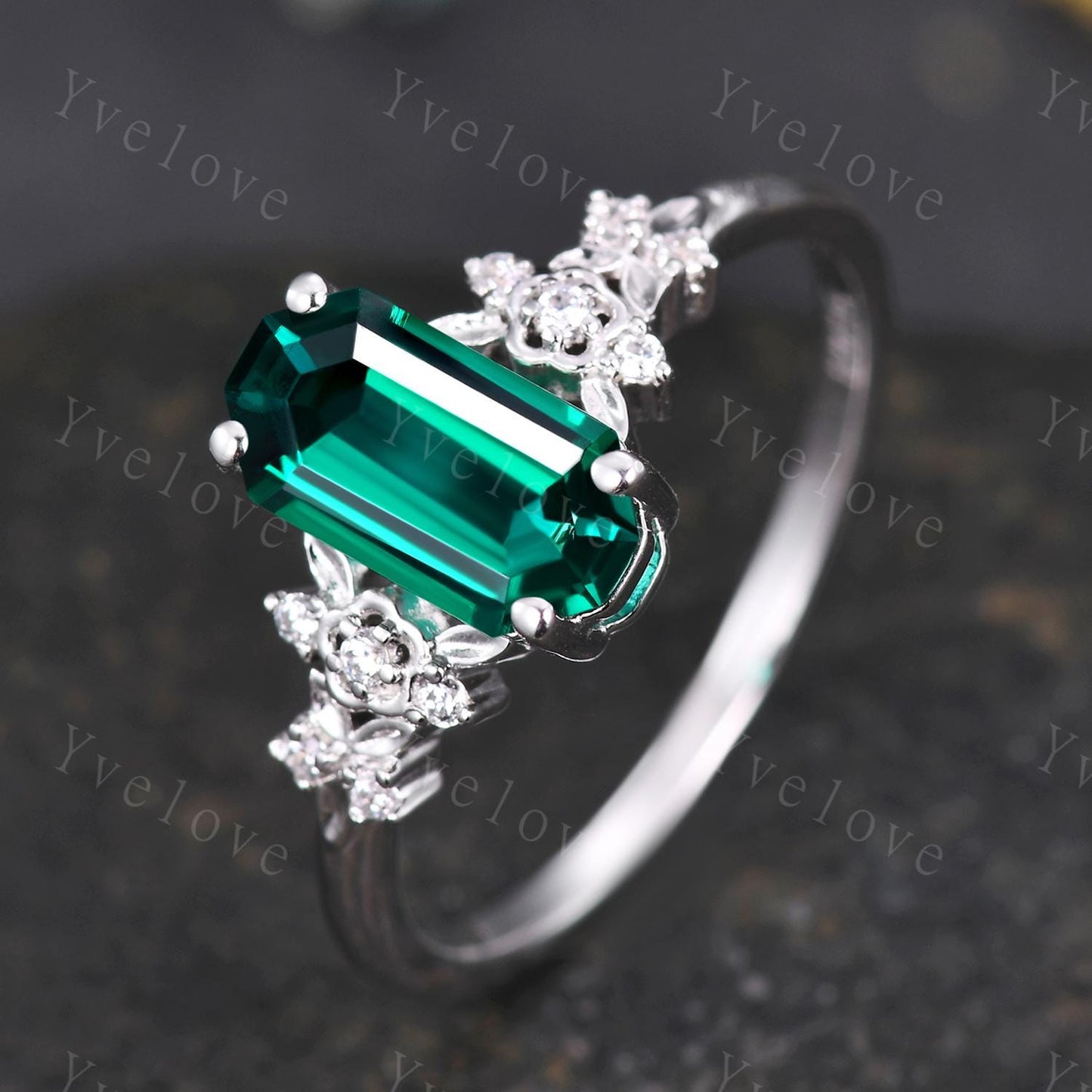 Emerald engagement ring,Art deco leaf flower emerald ring,14k white gold,Curved emerald stacking wedding band,Unique Bridal Promise Gift