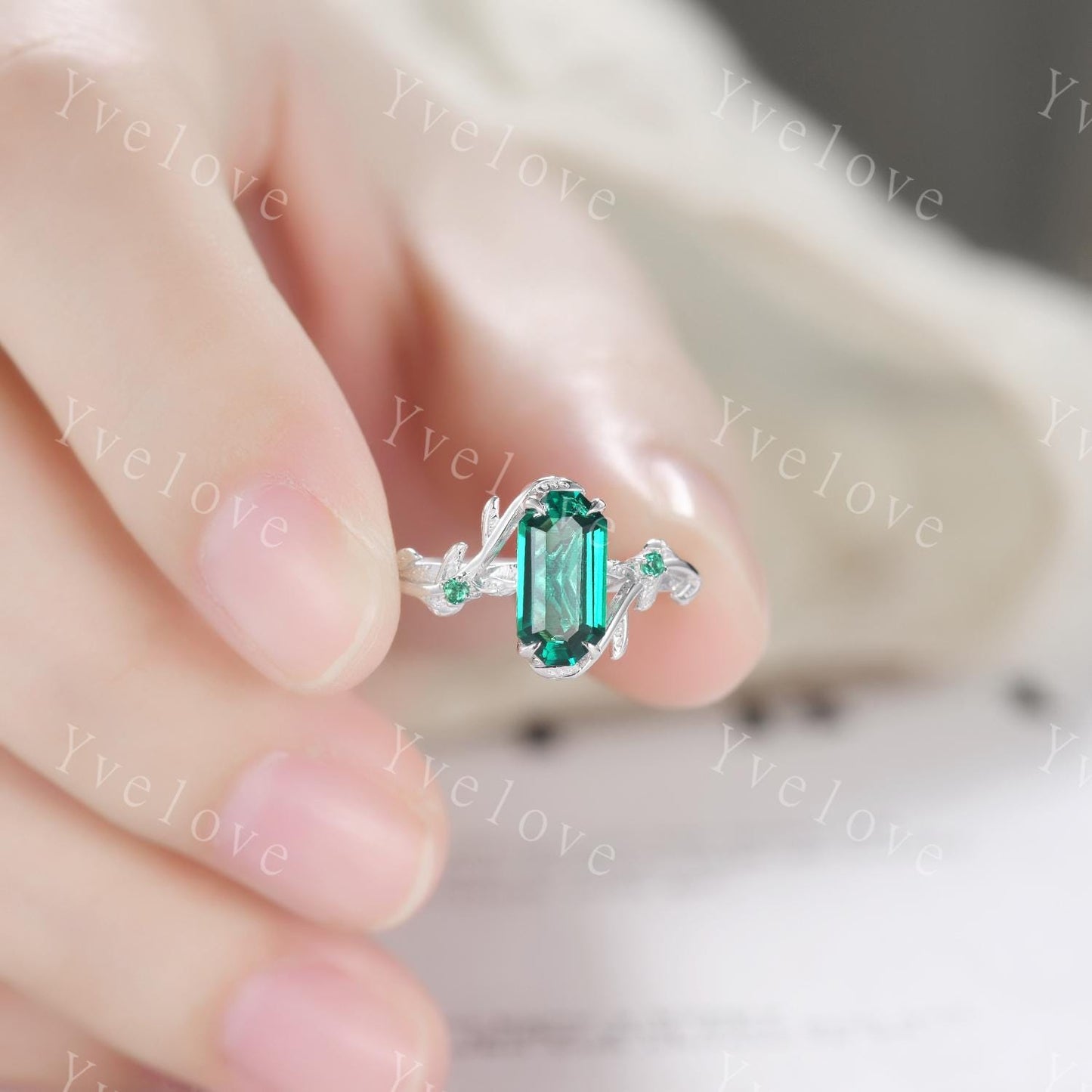 Art deco Emerald Twig Engagement Ring Set,leaves emerald ring,14k white gold,Curved emerald stacking wedding band,Unique Bridal Promise Gift