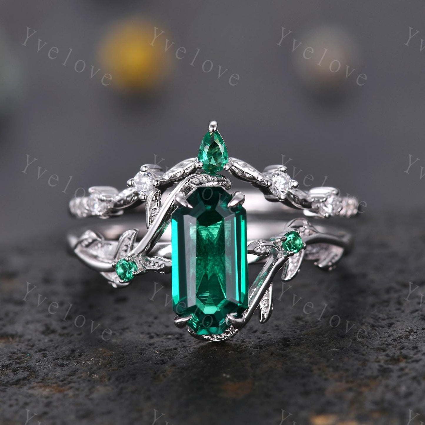 Art deco Emerald Twig Engagement Ring Set,leaves emerald ring,14k white gold,Curved emerald stacking wedding band,Unique Bridal Promise Gift