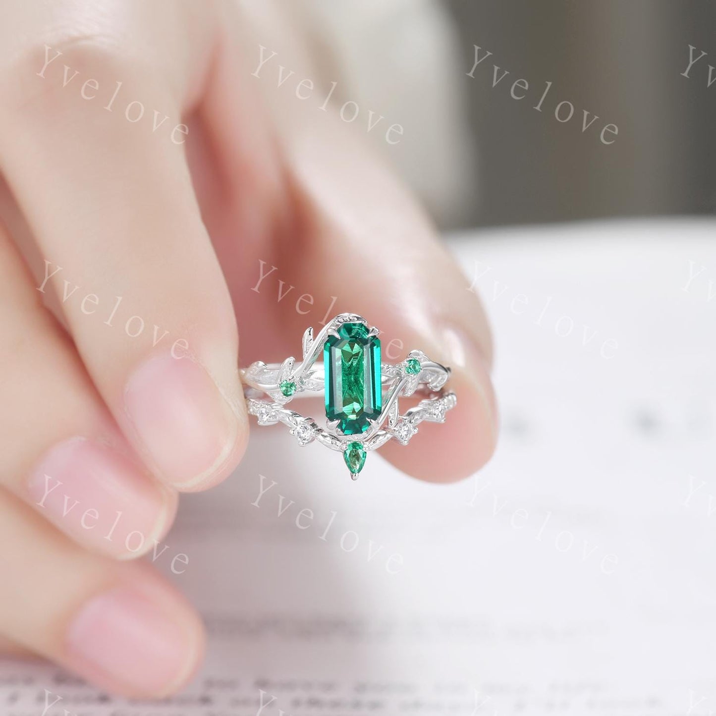 Art deco Emerald Twig Engagement Ring Set,leaves emerald ring,14k white gold,Curved emerald stacking wedding band,Unique Bridal Promise Gift