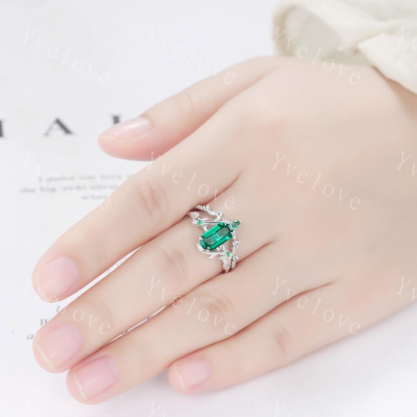 Art deco Emerald Twig Engagement Ring Set,leaves emerald ring,14k white gold,Curved emerald stacking wedding band,Unique Bridal Promise Gift