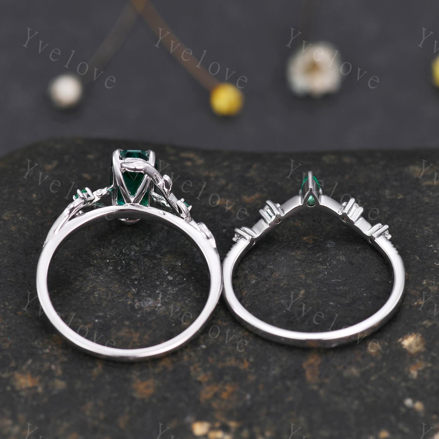 Art deco Emerald Twig Engagement Ring Set,leaves emerald ring,14k white gold,Curved emerald stacking wedding band,Unique Bridal Promise Gift