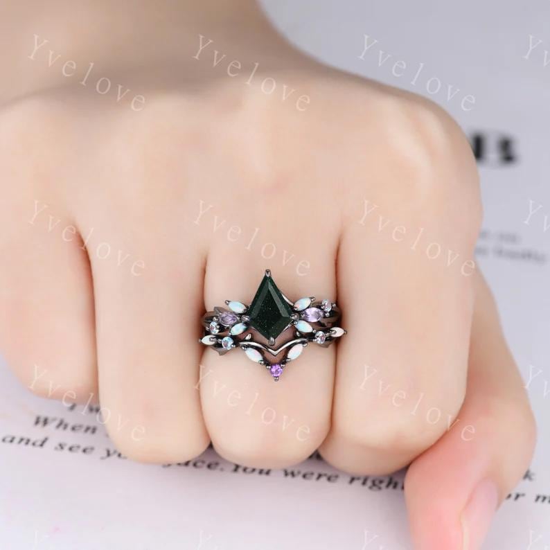 Vintage Kite Green Sandstone Engagement Ring Set,Black Gold,Vines Amethyst Opal Ring,Women Bridal Set,Unique Twig Anniversary Promise Ring