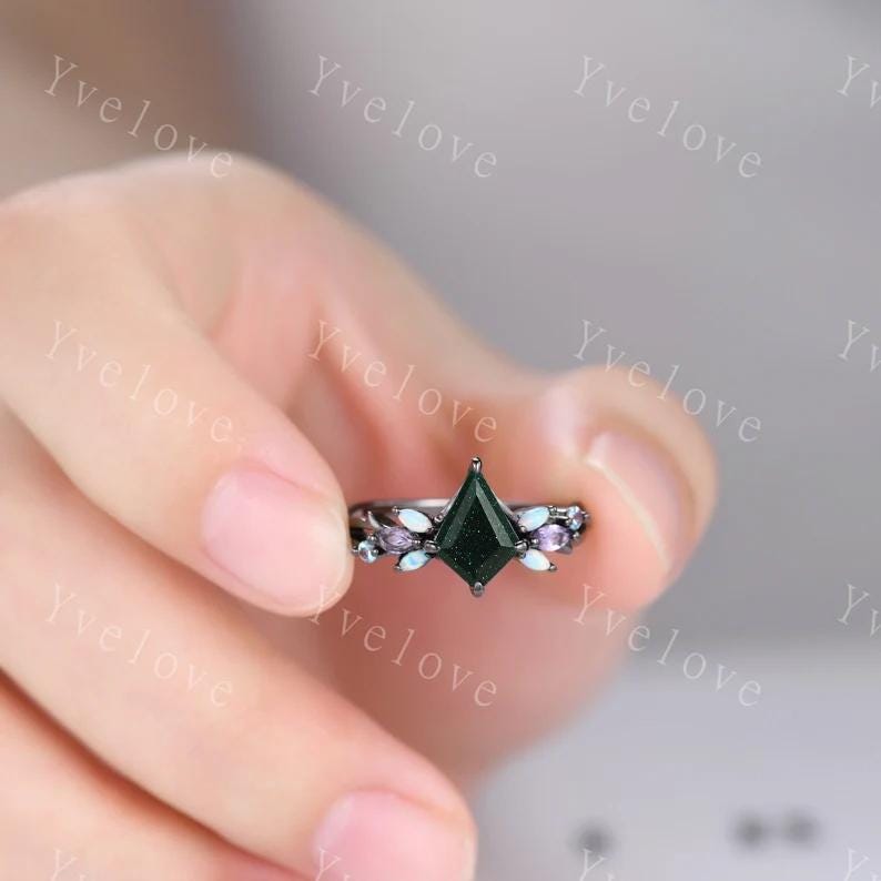 Vintage Kite Green Sandstone Engagement Ring Set,Black Gold,Vines Amethyst Opal Ring,Women Bridal Set,Unique Twig Anniversary Promise Ring