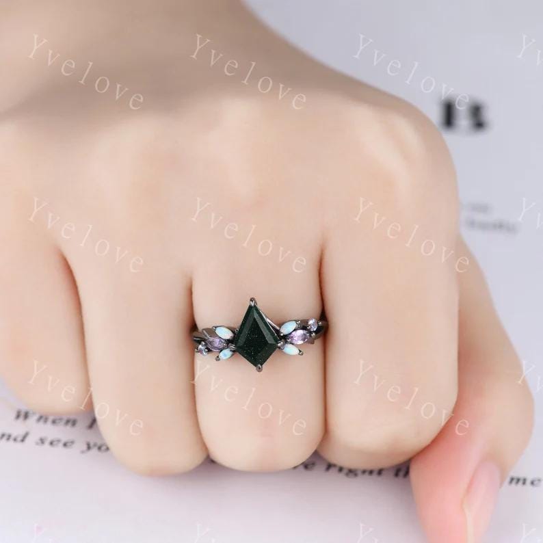 Vintage Kite Green Sandstone Engagement Ring Set,Black Gold,Vines Amethyst Opal Ring,Women Bridal Set,Unique Twig Anniversary Promise Ring