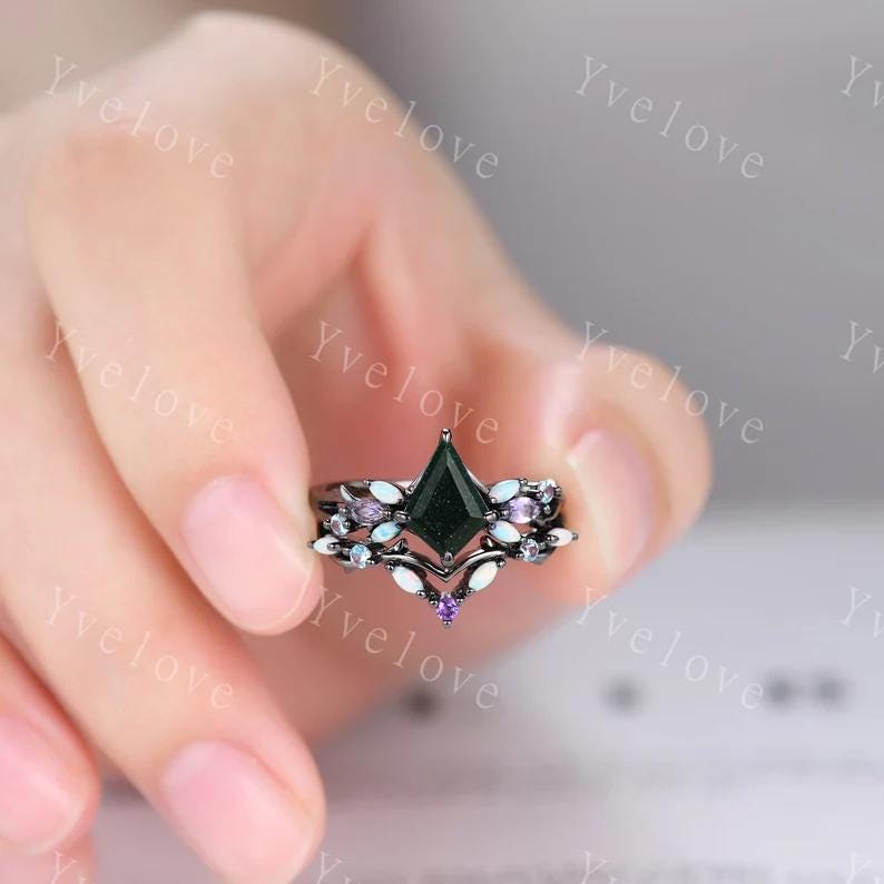 Vintage Kite Green Sandstone Engagement Ring Set,Black Gold,Vines Amethyst Opal Ring,Women Bridal Set,Unique Twig Anniversary Promise Ring