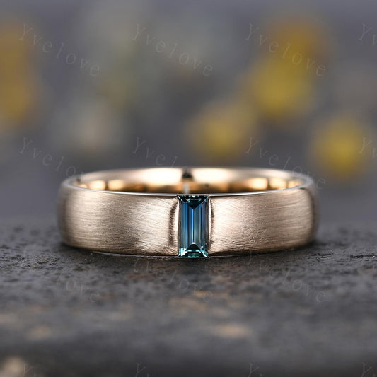 Mens Natural Teal Sapphire Wedding Band Baguette Sapphire Band 5mm Solid Gold Ring Brushed Stacking Matching Band Retro Vintage Ring Gift