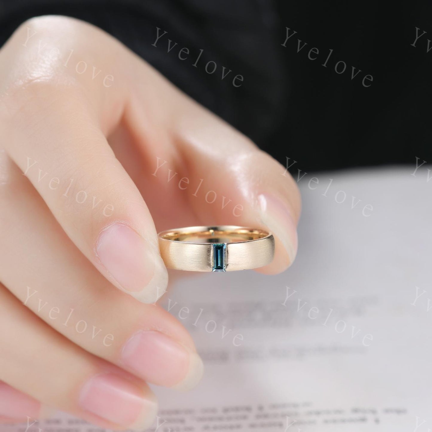 Mens Natural Teal Sapphire Wedding Band Baguette Sapphire Band 5mm Solid Gold Ring Brushed Stacking Matching Band Retro Vintage Ring Gift