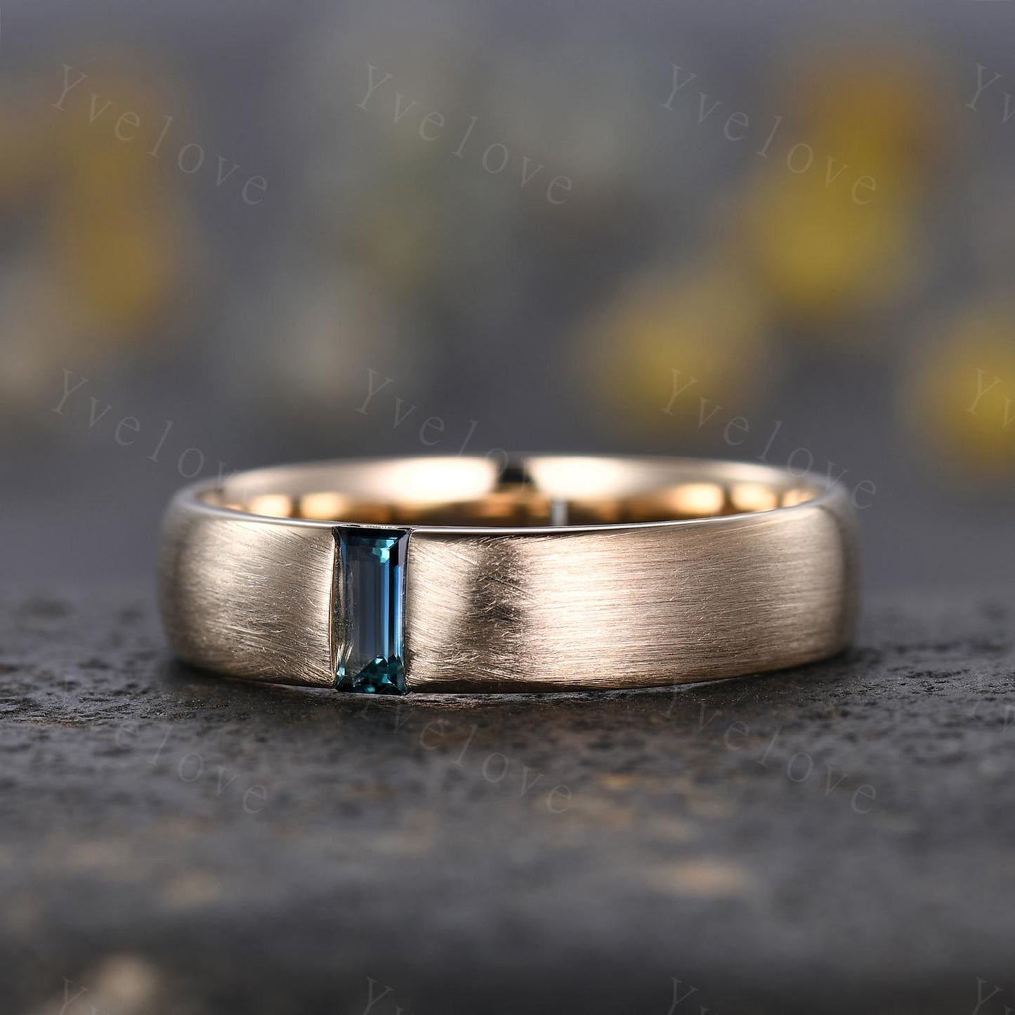 Mens Natural Teal Sapphire Wedding Band Baguette Sapphire Band 5mm Solid Gold Ring Brushed Stacking Matching Band Retro Vintage Ring Gift