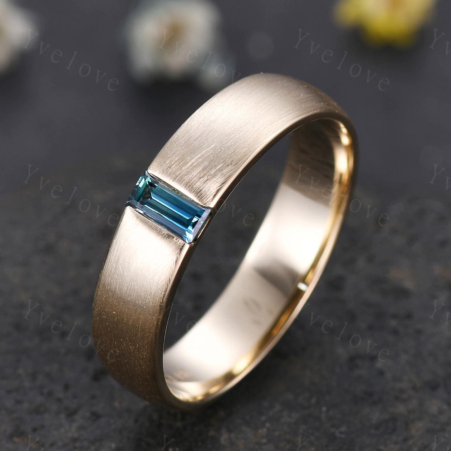 Mens Natural Teal Sapphire Wedding Band Baguette Sapphire Band 5mm Solid Gold Ring Brushed Stacking Matching Band Retro Vintage Ring Gift