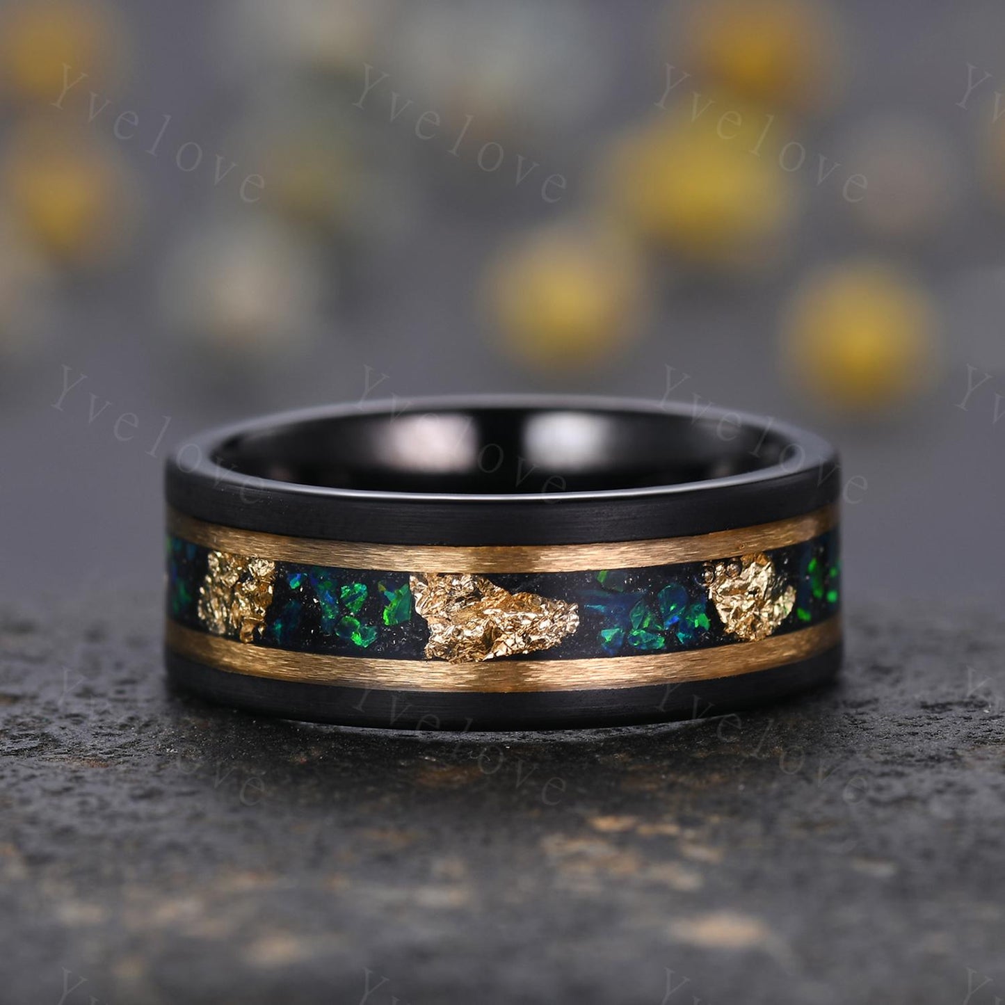 Teardrop Green Moss Agate Ring Set,His and Her Wedding Band,Emerald Black Tungsten Ring Matching Nature Couples Ring Black Engagement Ring