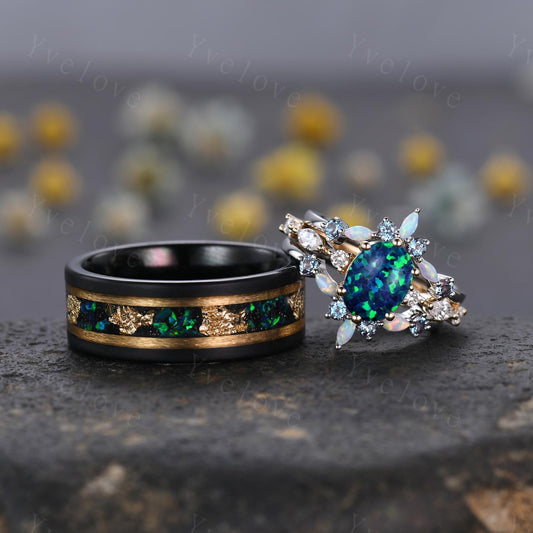 Vintage Oval Blue Opal Wedding Ring Set For Couples His and Her Wedding Band Black Tungsten Mens Ring Women Opal Engagement Promise Ring