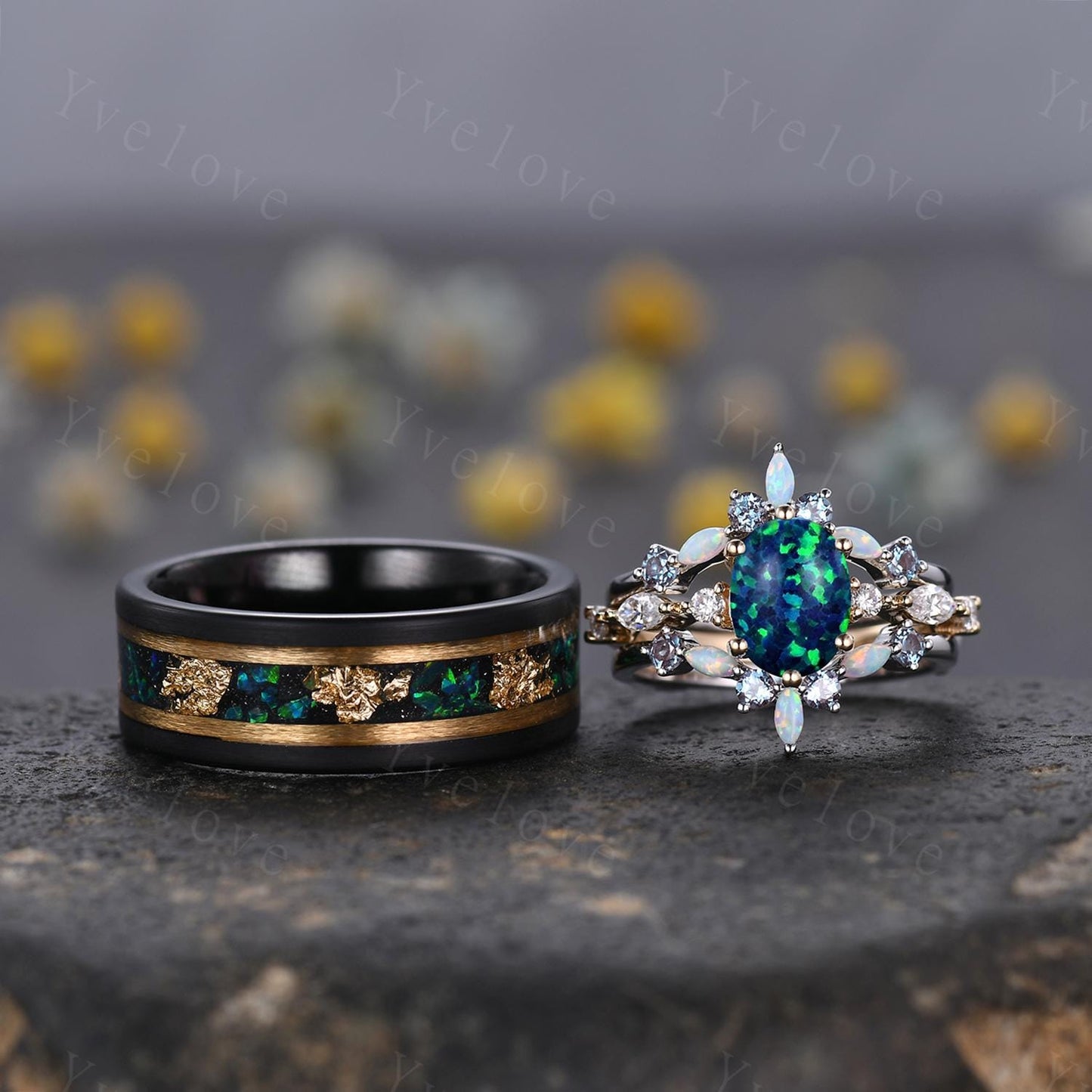 Vintage Oval Blue Opal Wedding Ring Set For Couples His and Her Wedding Band Black Tungsten Mens Ring Women Opal Engagement Promise Ring