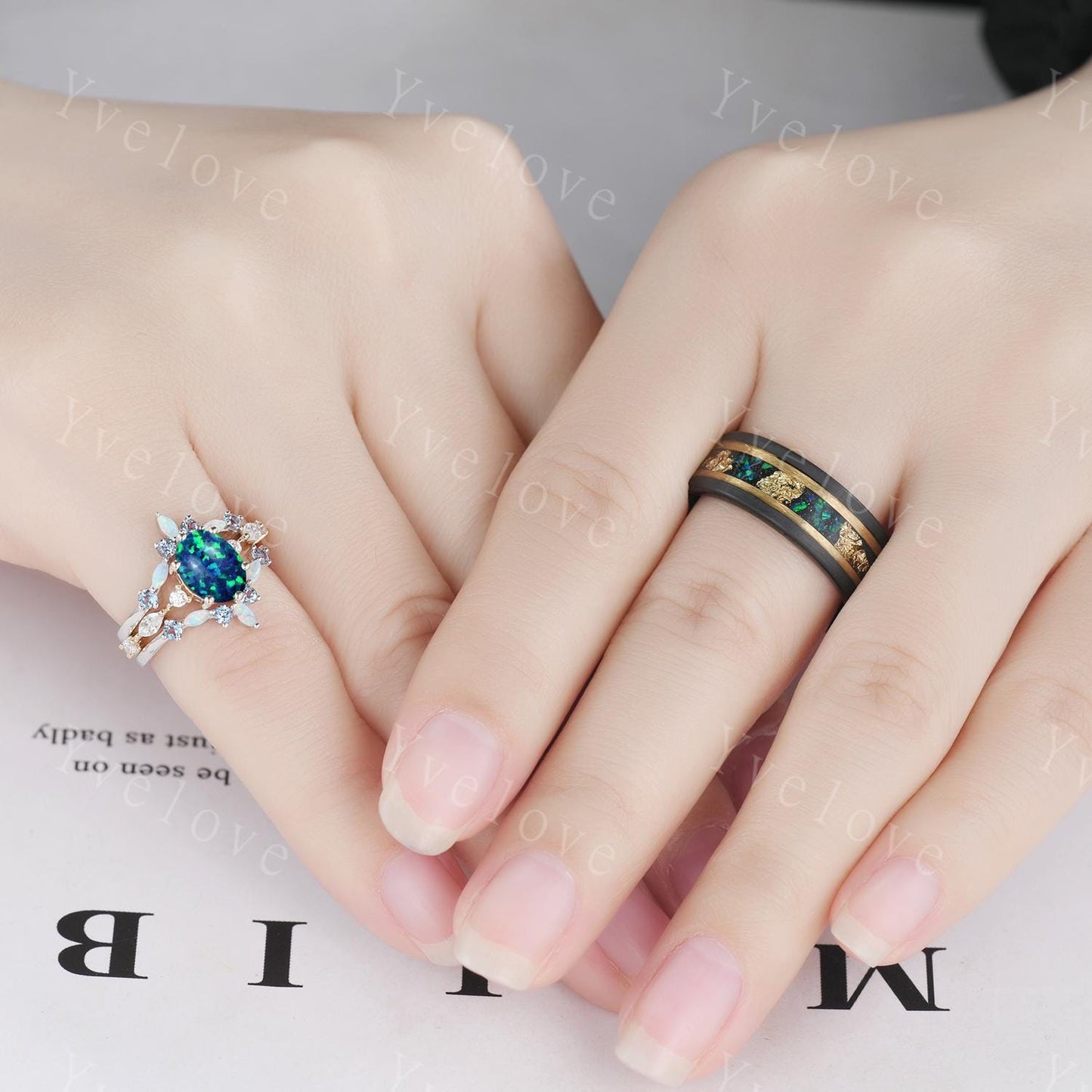 Vintage Oval Blue Opal Wedding Ring Set For Couples His and Her Wedding Band Black Tungsten Mens Ring Women Opal Engagement Promise Ring