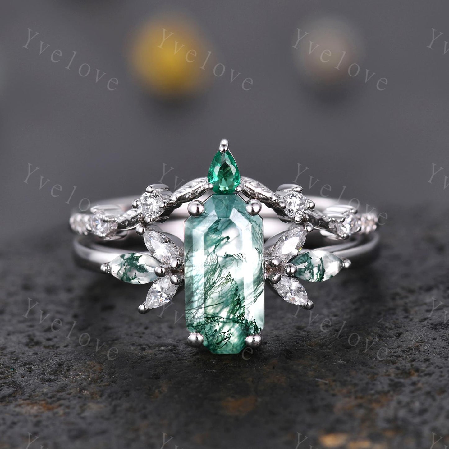 Vintage Emerald cut Moss Agate Engagement Ring Set,Unique Bridal Set Marquise Moissanite Emerald Wedding Band Promise Ring Gift 925 Silver