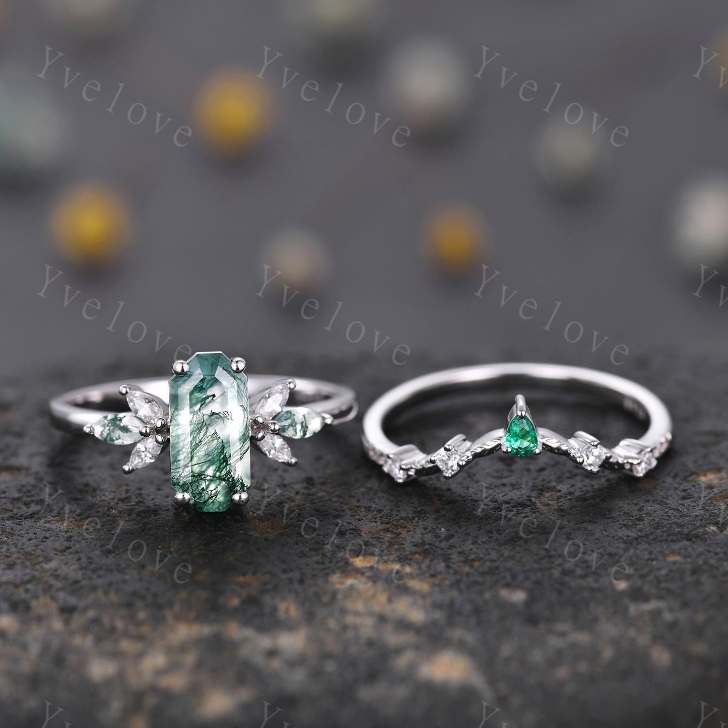 Vintage Emerald cut Moss Agate Engagement Ring Set,Unique Bridal Set Marquise Moissanite Emerald Wedding Band Promise Ring Gift 925 Silver