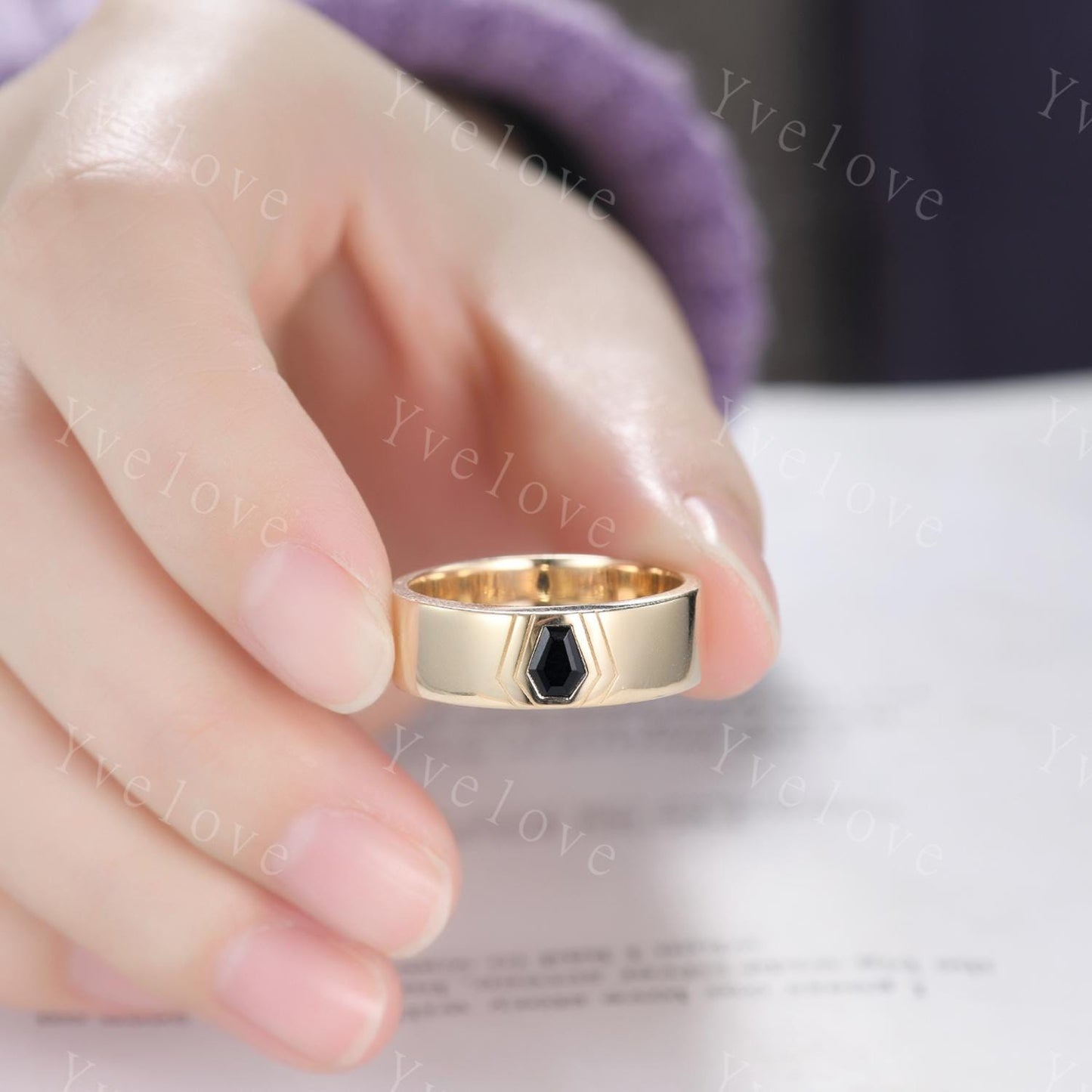 7mm Mens Coffin Cut Black Onyx Wedding Band Black Onyx Engagement Ring 14K Solid Gold Ring Smooth Plain Band Mens Stacking Band Promise Ring