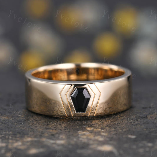 7mm Mens Coffin Cut Black Onyx Wedding Band Black Onyx Engagement Ring 14K Solid Gold Ring Smooth Plain Band Mens Stacking Band Promise Ring