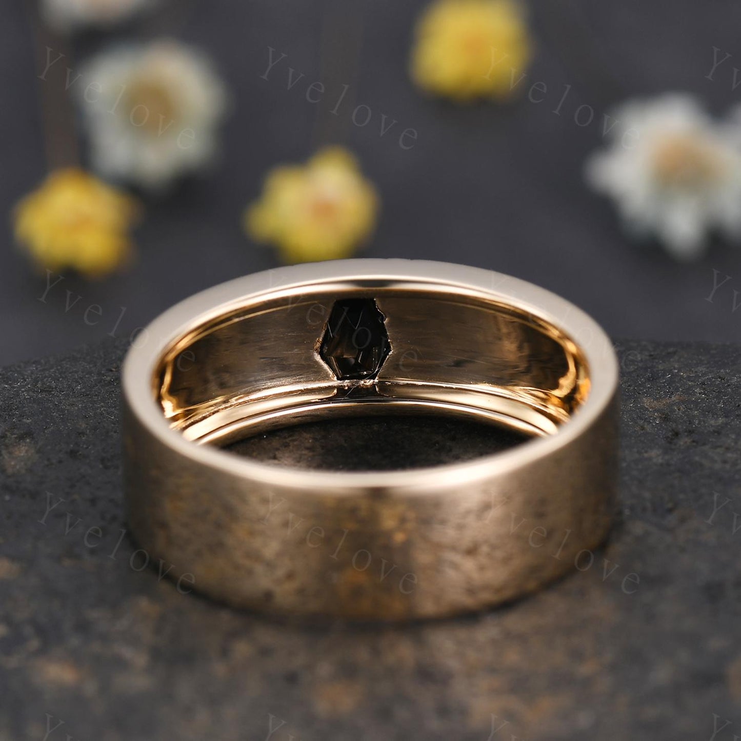 7mm Mens Coffin Cut Black Onyx Wedding Band Black Onyx Engagement Ring 14K Solid Gold Ring Smooth Plain Band Mens Stacking Band Promise Ring