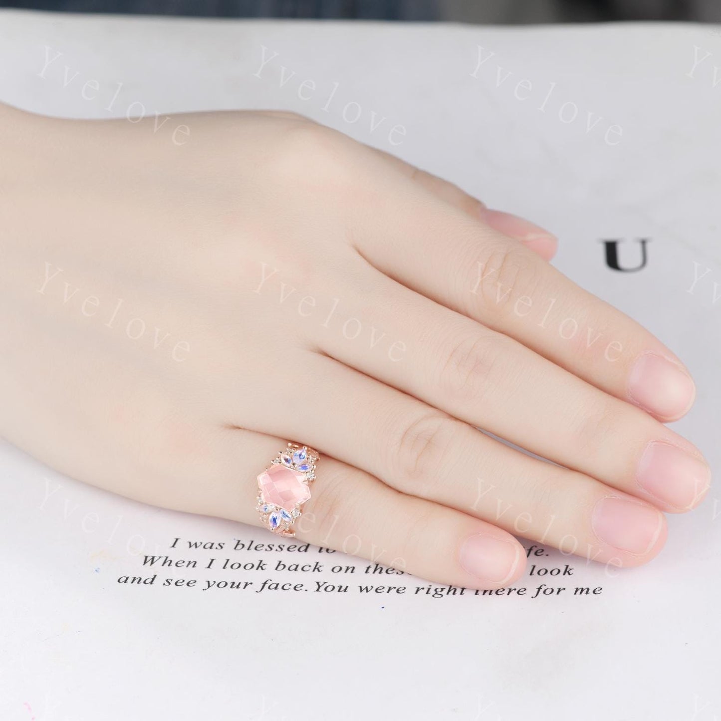 Vintage Hexagon Pink Rose Quartz engagement ring,Unique Marquise Moonstone Ring,Cluster Leaves Ring,Rose Gold,Women Bridal Wedding Band Gift