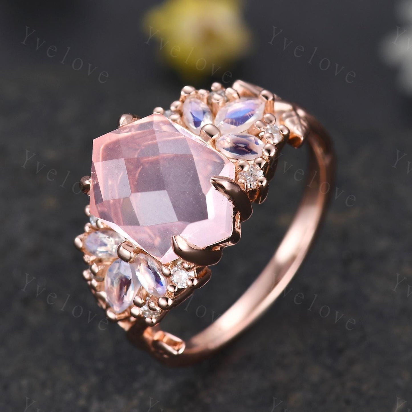 Vintage Hexagon Pink Rose Quartz engagement ring,Unique Marquise Moonstone Ring,Cluster Leaves Ring,Rose Gold,Women Bridal Wedding Band Gift
