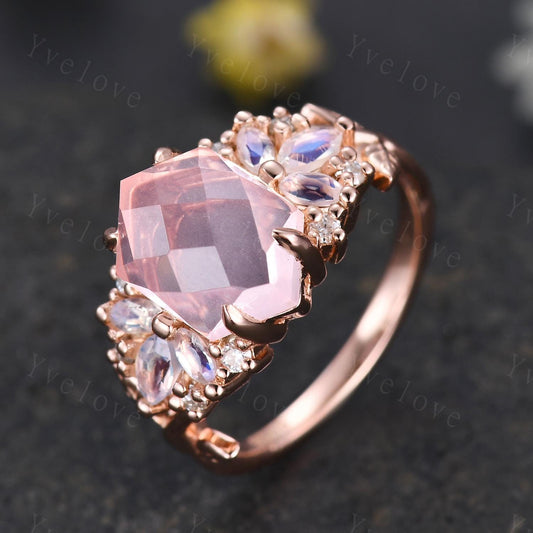 Vintage Hexagon Pink Rose Quartz engagement ring,Unique Marquise Moonstone Ring,Cluster Leaves Ring,Rose Gold,Women Bridal Wedding Band Gift