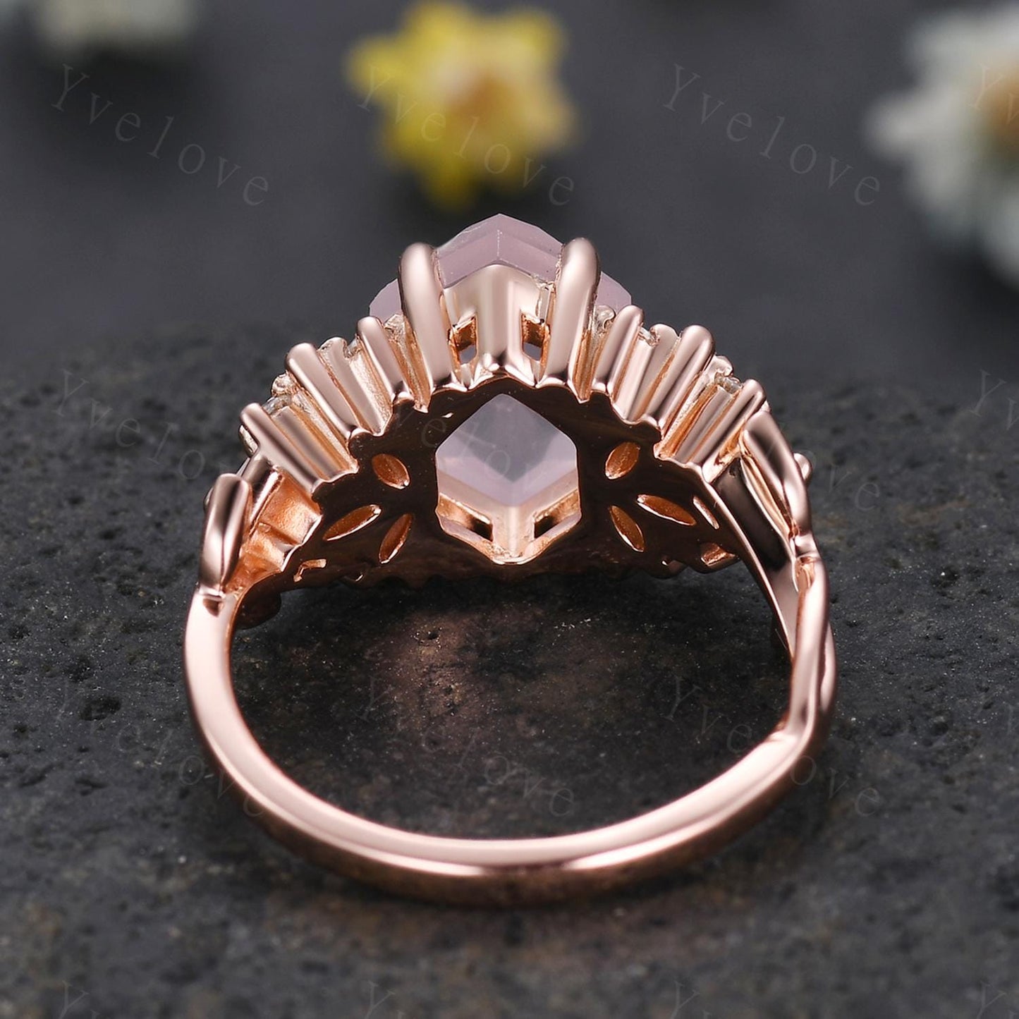 Vintage Hexagon Pink Rose Quartz engagement ring,Unique Marquise Moonstone Ring,Cluster Leaves Ring,Rose Gold,Women Bridal Wedding Band Gift
