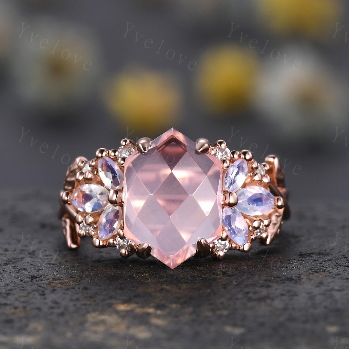 Vintage Hexagon Pink Rose Quartz engagement ring,Unique Marquise Moonstone Ring,Cluster Leaves Ring,Rose Gold,Women Bridal Wedding Band Gift