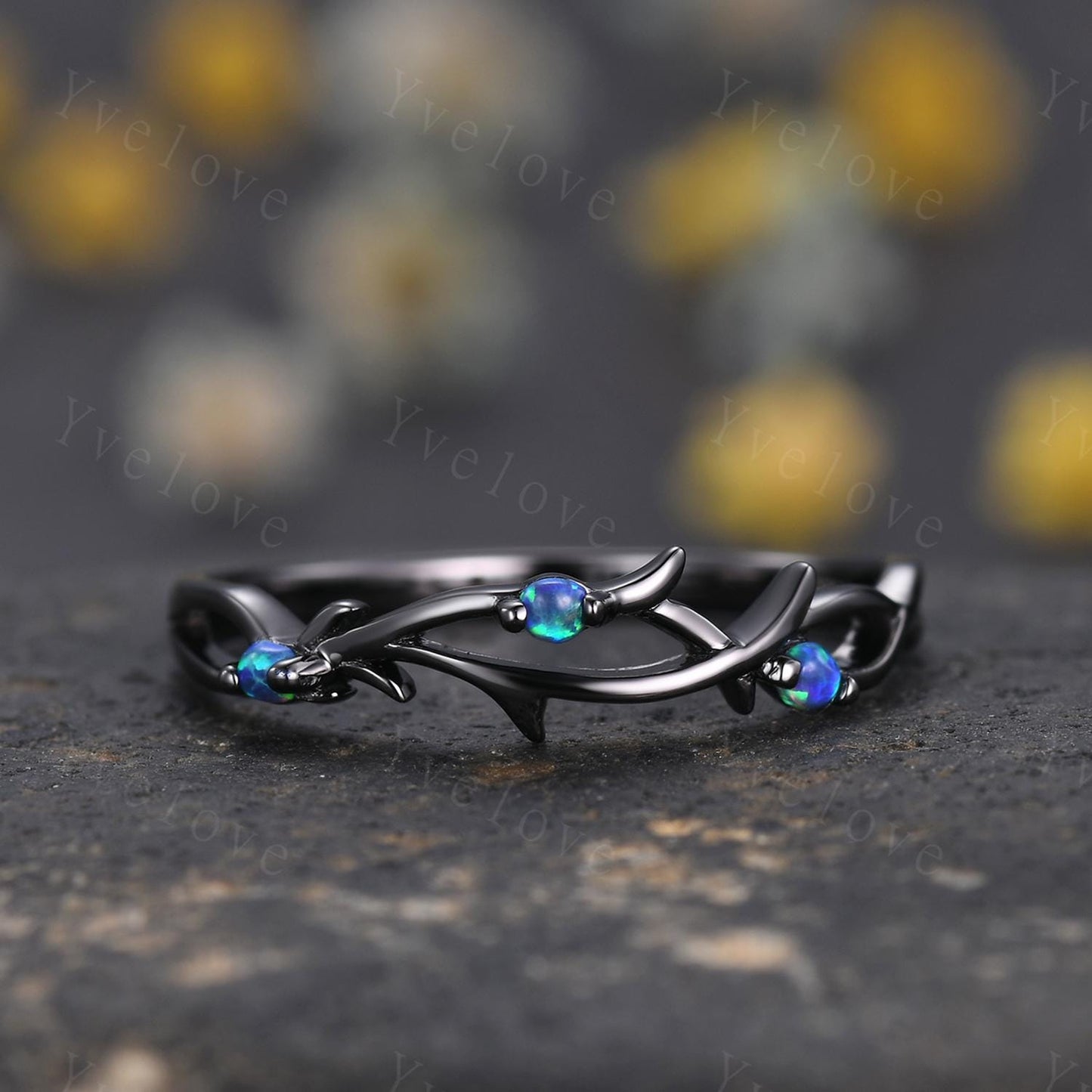 Couples ring set Black Opal ring twig ring for men and women His and Hers wedding band Promise Stacking Matching Band Retro Vintage Gift
