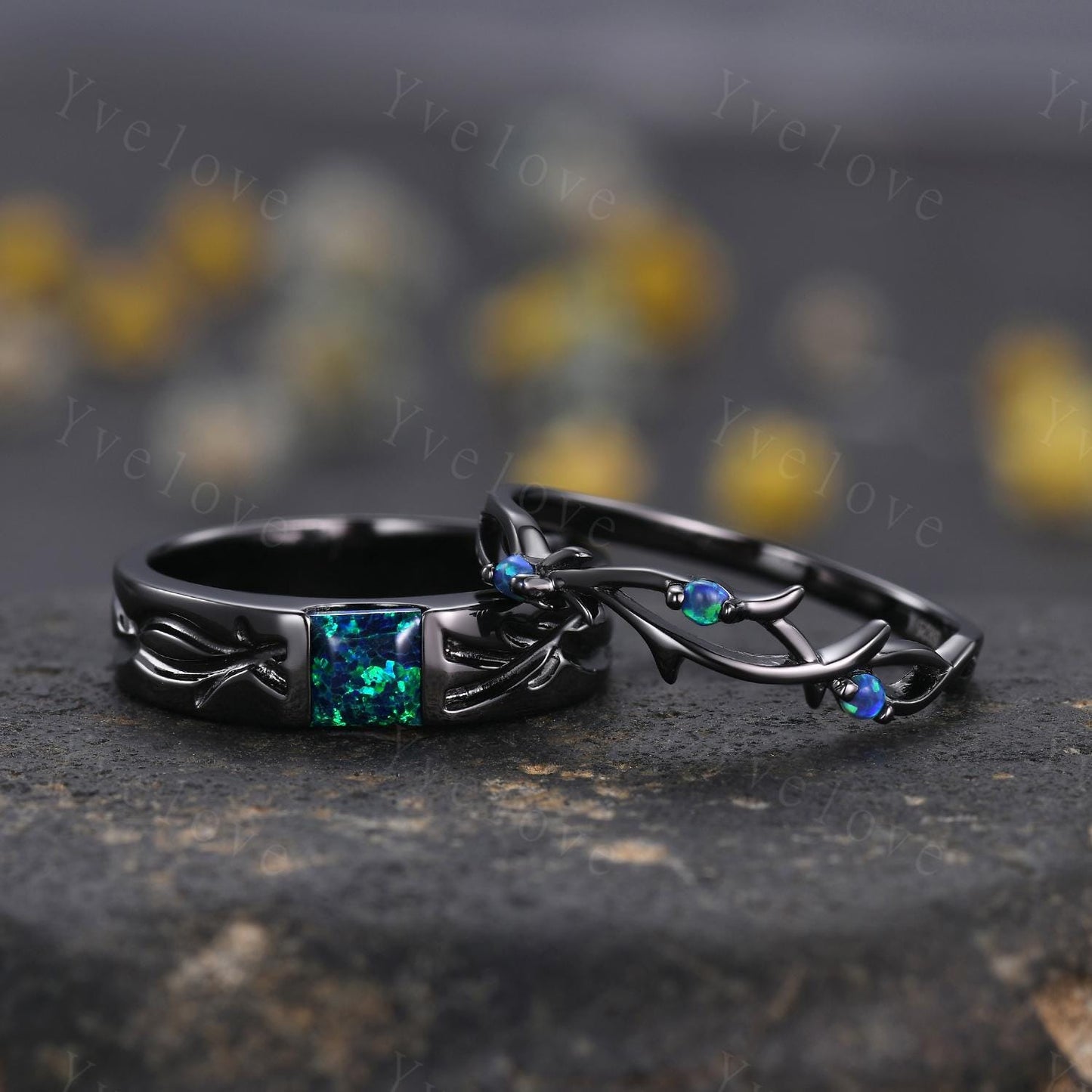Couples ring set Black Opal ring twig ring for men and women His and Hers wedding band Promise Stacking Matching Band Retro Vintage Gift