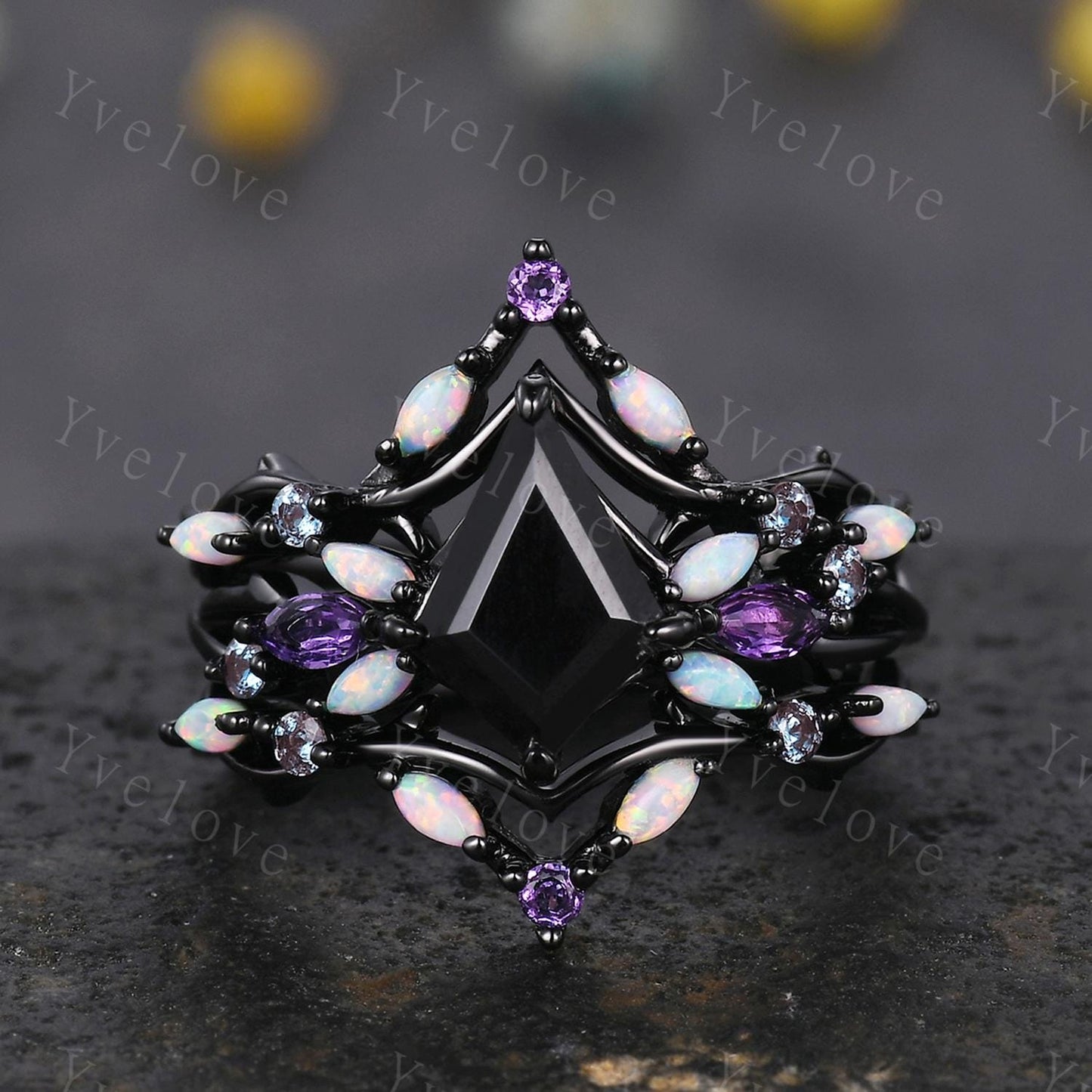 3PCS Vintage Kite Black Onyx Engagement Ring Set,Black Gold,Vines Amethyst Opal Ring,Women Bridal Ring Set,Unique Twig Promise Ring Gift