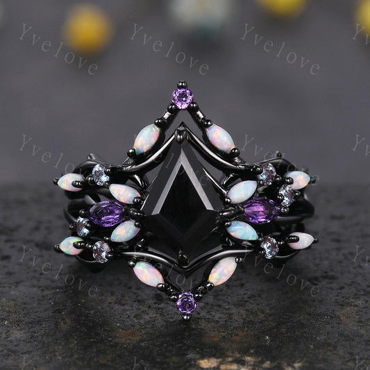 3PCS Vintage Kite Black Onyx Engagement Ring Set,Black Gold,Vines Amethyst Opal Ring,Women Bridal Ring Set,Unique Twig Promise Ring Gift