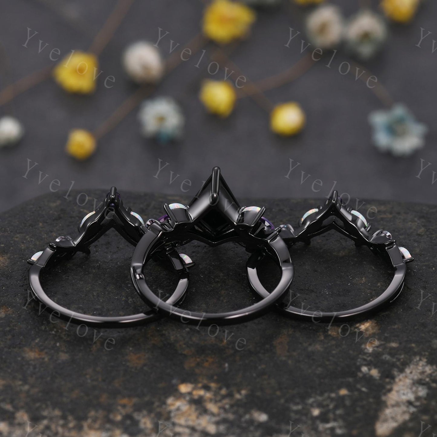 3PCS Vintage Kite Black Onyx Engagement Ring Set,Black Gold,Vines Amethyst Opal Ring,Women Bridal Ring Set,Unique Twig Promise Ring Gift
