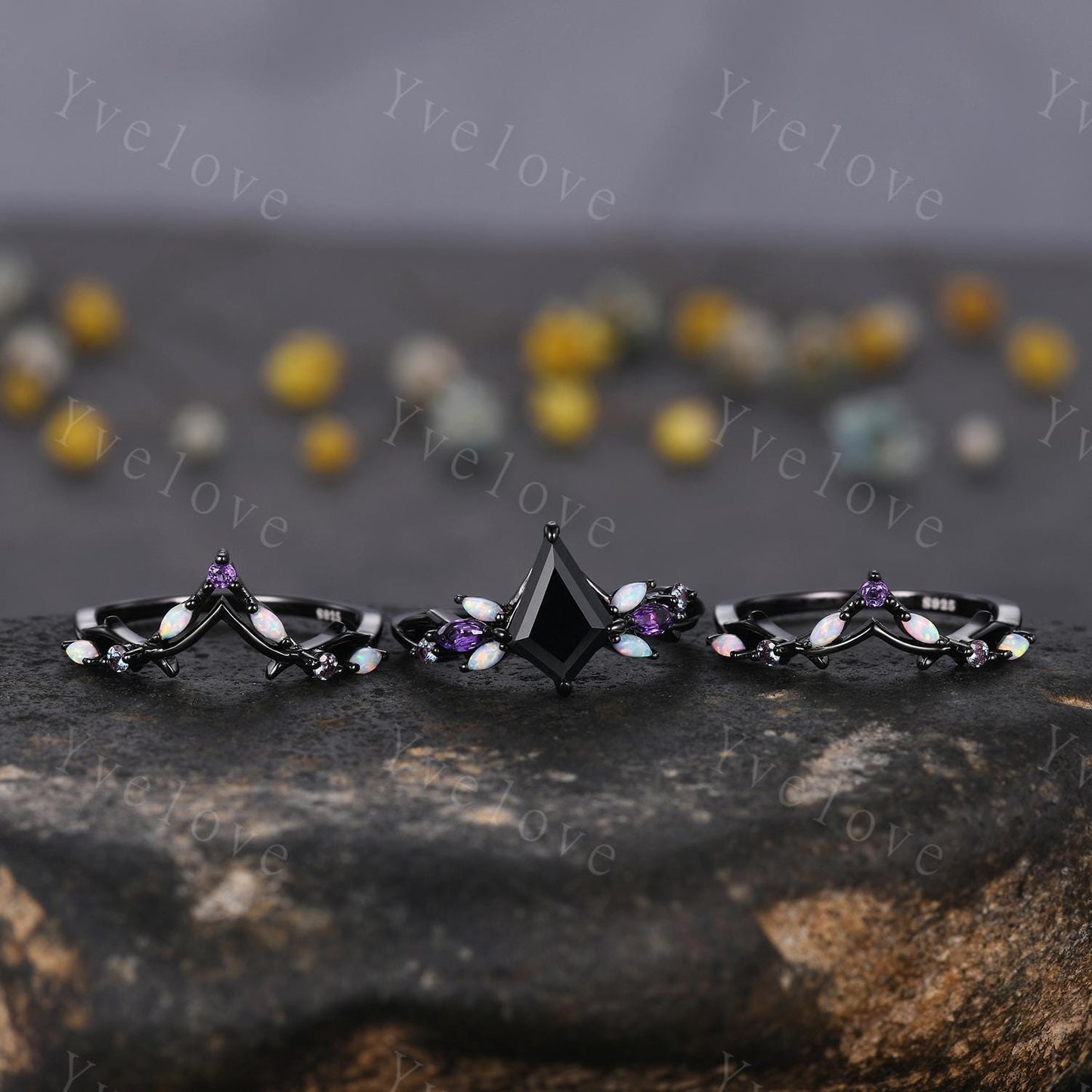 3PCS Vintage Kite Black Onyx Engagement Ring Set,Black Gold,Vines Amethyst Opal Ring,Women Bridal Ring Set,Unique Twig Promise Ring Gift