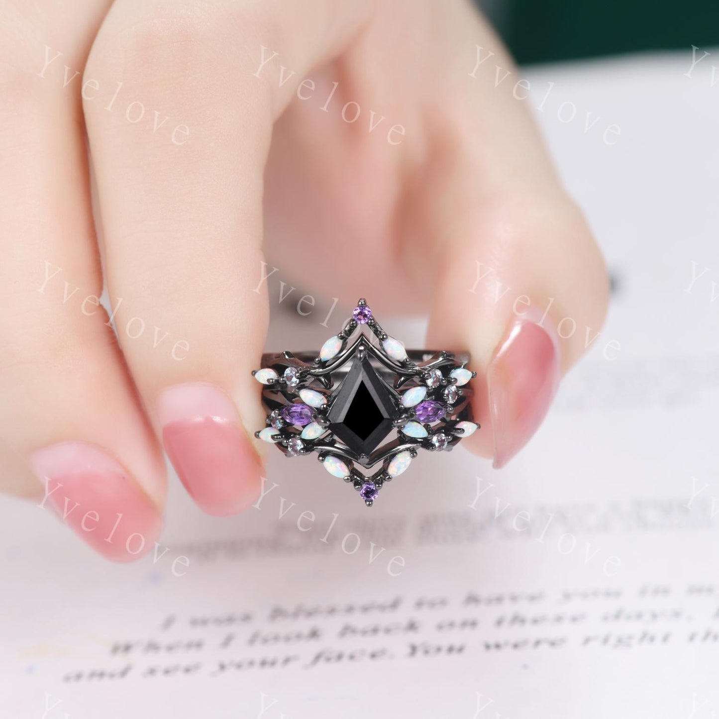 3PCS Vintage Kite Black Onyx Engagement Ring Set,Black Gold,Vines Amethyst Opal Ring,Women Bridal Ring Set,Unique Twig Promise Ring Gift