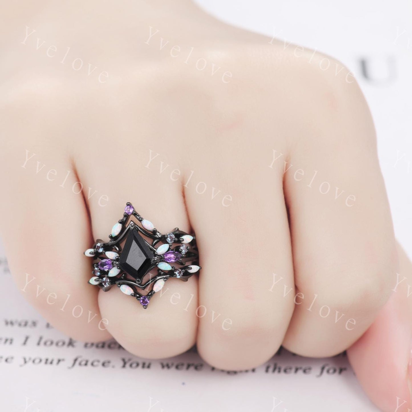 3PCS Vintage Kite Black Onyx Engagement Ring Set,Black Gold,Vines Amethyst Opal Ring,Women Bridal Ring Set,Unique Twig Promise Ring Gift