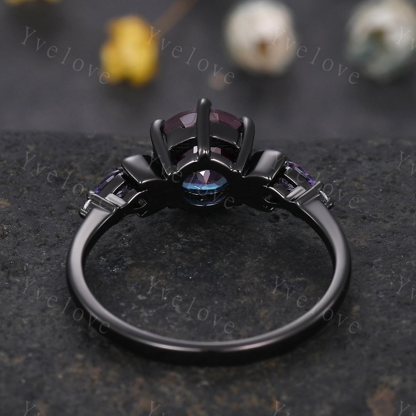Unique round cut alexandrite ring black gold amethyst moon engagement ring diamond bridal wedding ring women jewelry promise ring gift